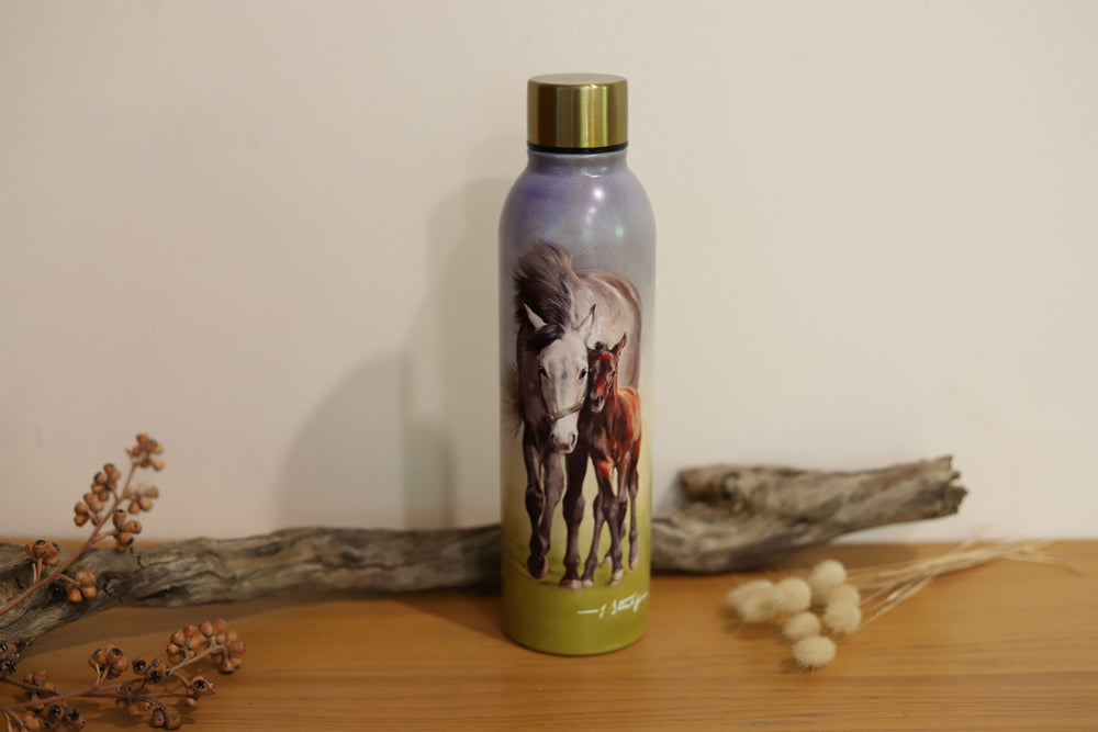 A stainless steel water bottle with a capacity of 500ml, featuring a printed design of a grey mare and her foal drawn by a UK artist