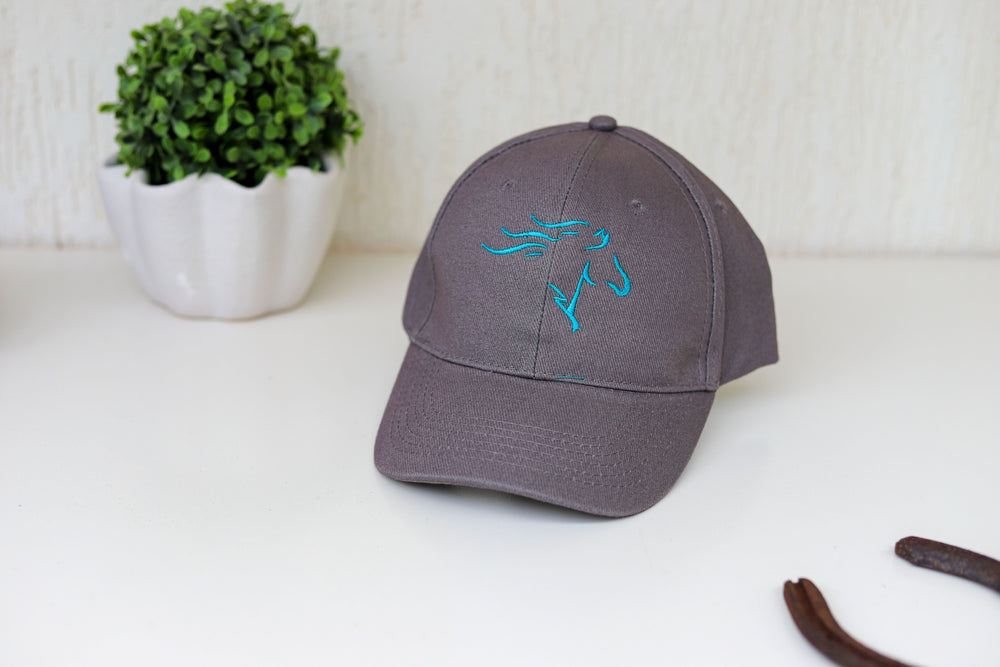 Grey baseball cap with embroidered horse head design