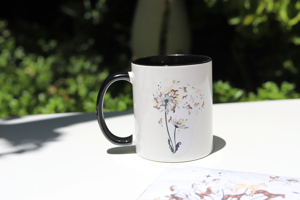 A gift set consisting of a mug, a computer mouse pad and 3 horse outline paperclips. The mug and mouse pad have a beautiful picture of a dandelion consisting of horses  