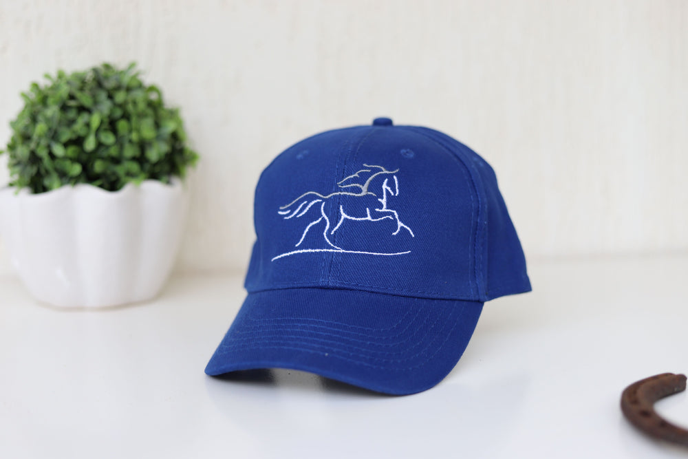 Navy blue cotton baseball cap with embroidered stylized horse