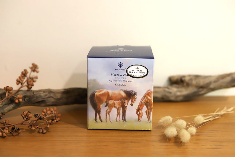 A display/gift box of the fine bone china mug with a horse theme, featuring images of mares and foals in a paddock