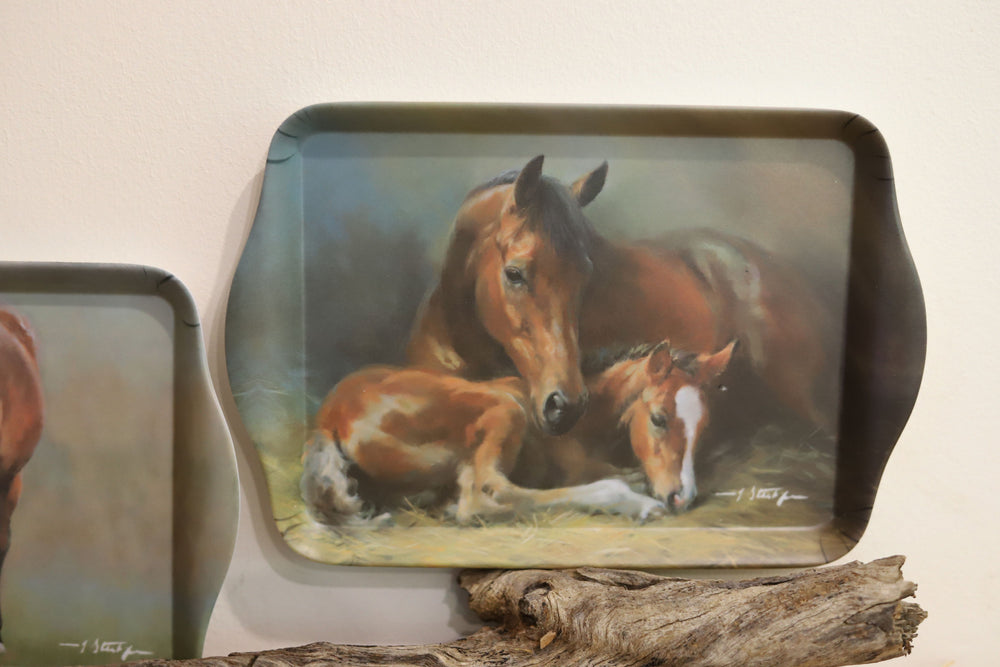 One of the 2 trinket trays in the Mares and Foals collection displaying a mare and her newborn foal in the stable