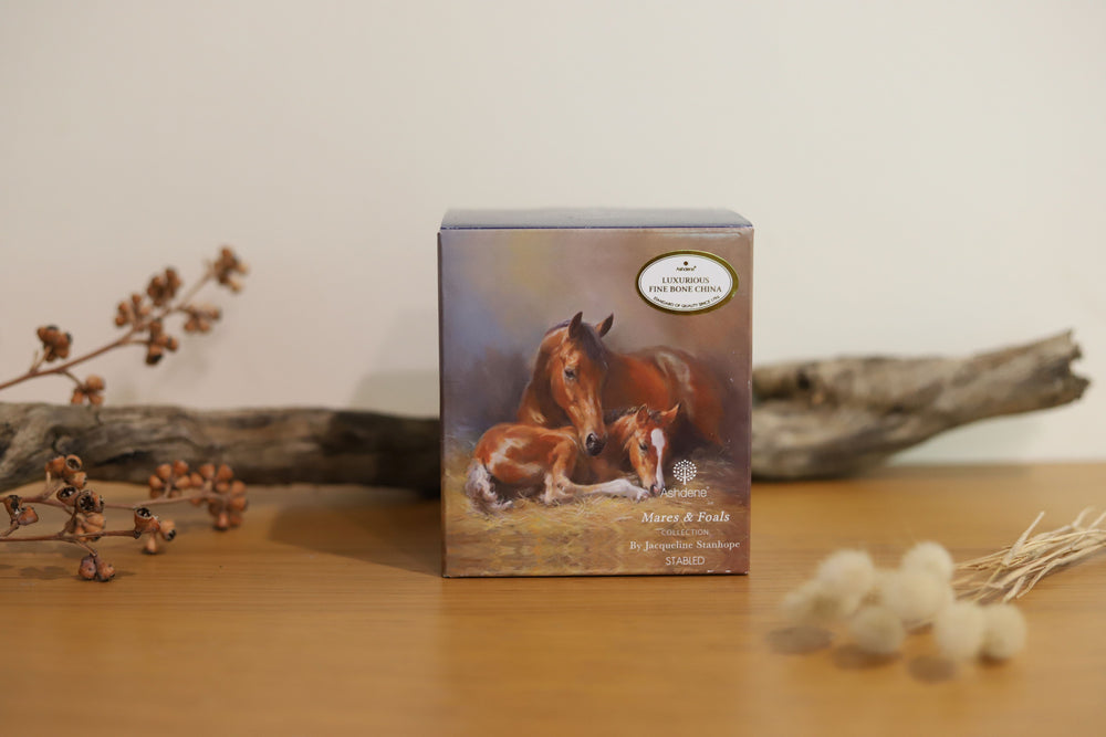 A fine bone china mug featuring an artistic depiction of a horse and foal, part of the 'Mares and Foals Collection'. 