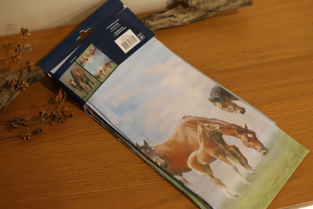 Cotton horse tea towel set of 2 from the Mares and Foals collection featuring mares and foals drawn by a UK artist