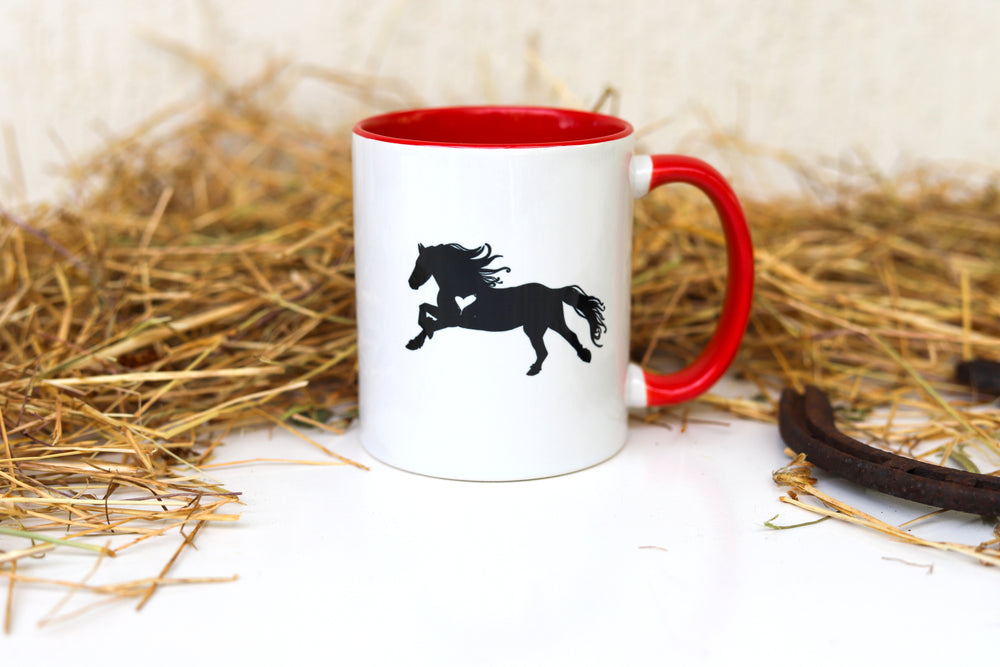 Back view of white ceramic mug with red trim black horse running with heart - horse gift Australia