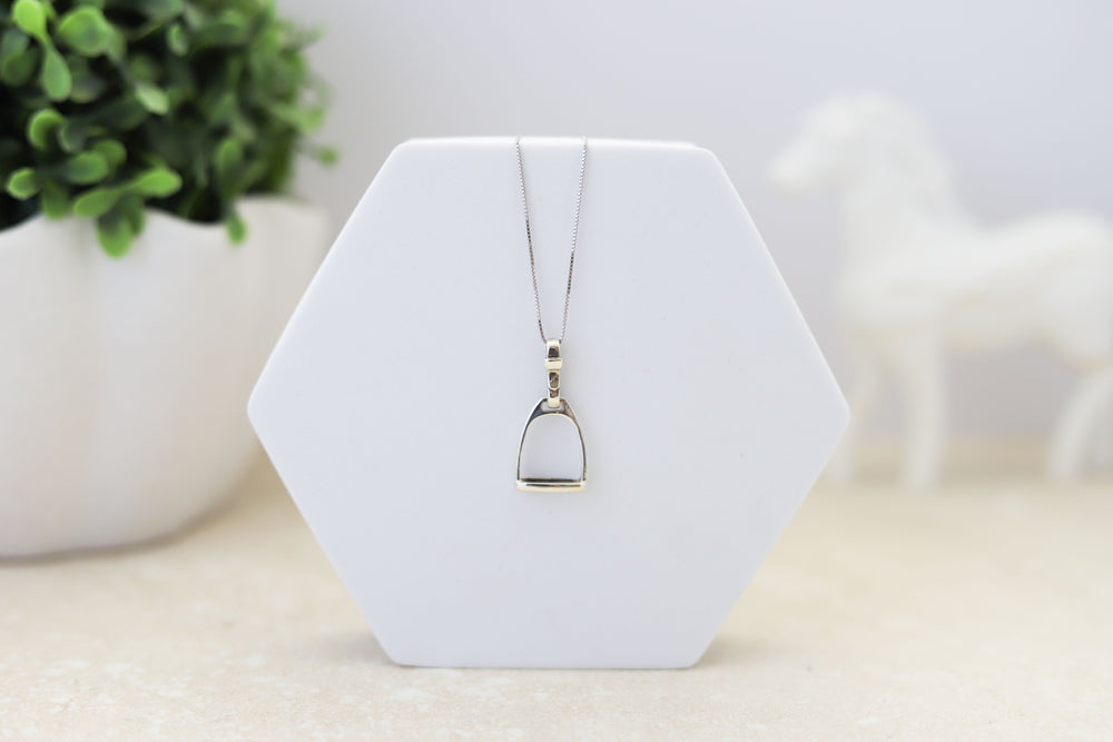 A sterling silver pendant in the shape of a big stirrup with a chain - Equestrian gifts Australia