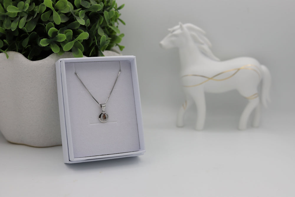 Delicate sterling silver horseshoe pendant displayed in a white jewellery box