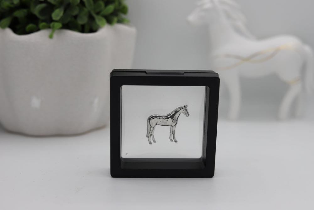 Silver coloured detailed horse pin in a see through case