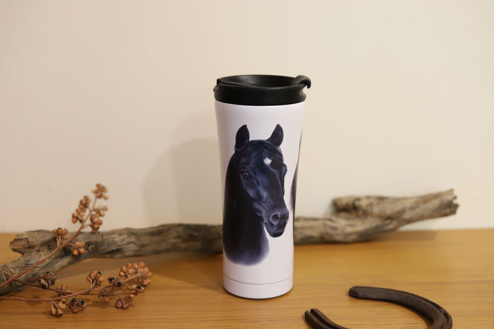 Equestrian stainless steel travel mug from the Trio collection with one of three black horse designs