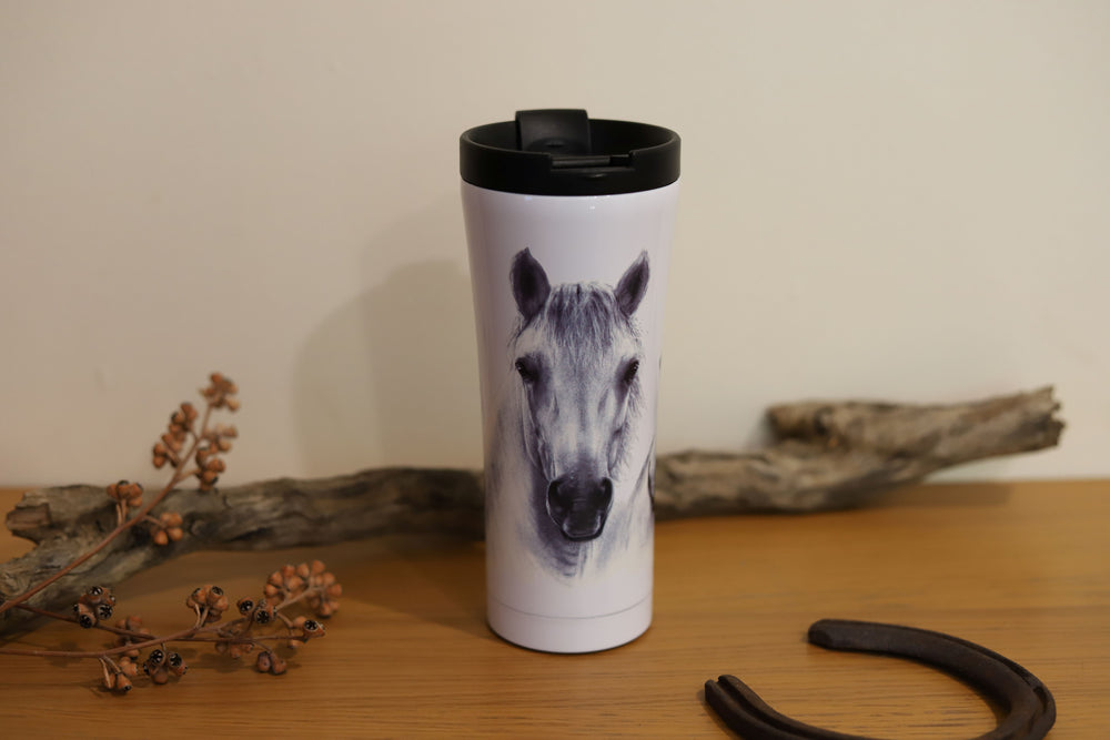 A stainless steel equestrian trave mug - grey horse from the Trio collection