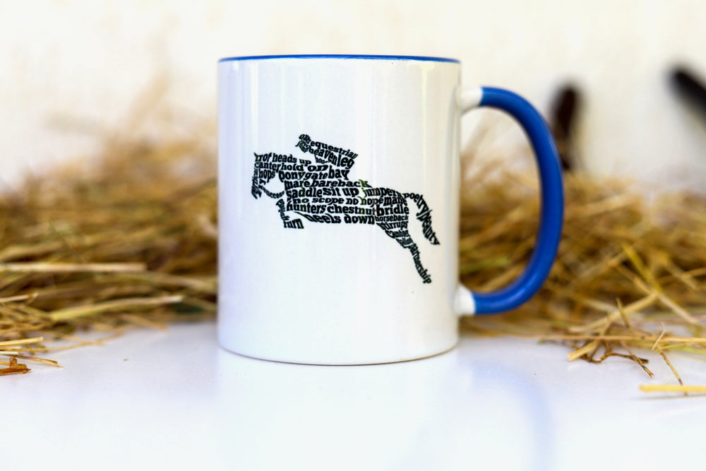 Close up a equestrian design on ceramic mug - unique equestrian gift
