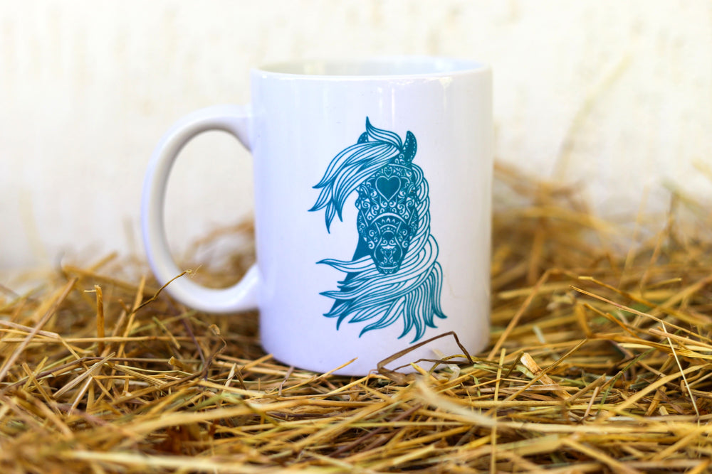 Close up of the mandala horse design on white mug - Equestrian gifts Australia