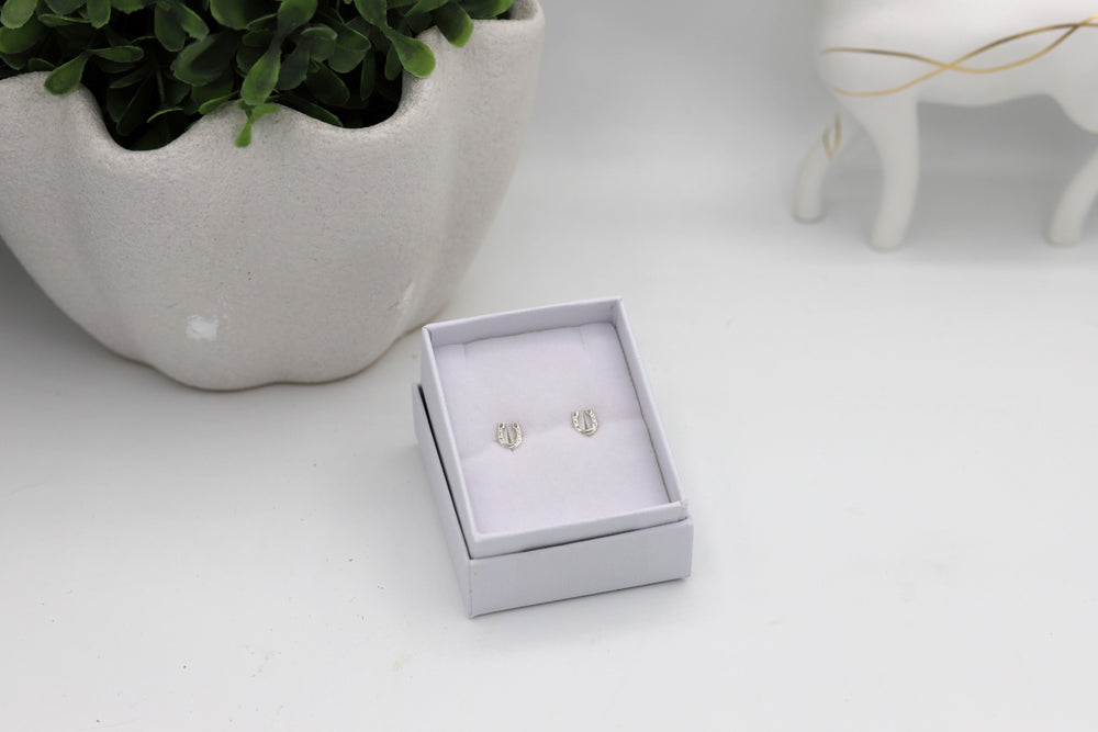 Close up of Sterling silver horseshoe earrings